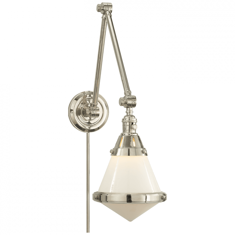 Visual Comfort & Co. Signature Collection Gale Library Wall Sconce With Plug, 1-Light, Polished Nickel, White Glass, 21.5"H (TOB 2156PN-WG 2JYUH)