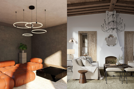 Kuzco Bruni 55-inch black LED ring chandelier and Currey and Company Tirrell antique black wrought iron candelabra chandelier in contrasting modern and rustic living room settings