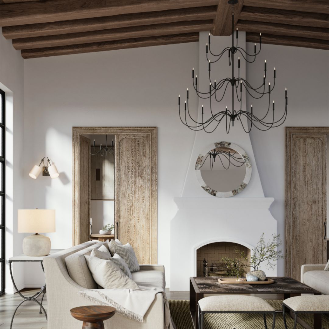 A cozy, grand sitting room centered around the Tirrell Large Black Chandelier.
