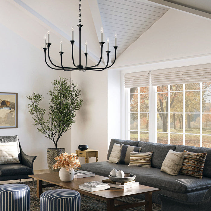 Emory Chandelier in  Black Forged finish centered above a freestanding ivory tub in a grand bathroom, framed by floor-to-ceiling glass windows.