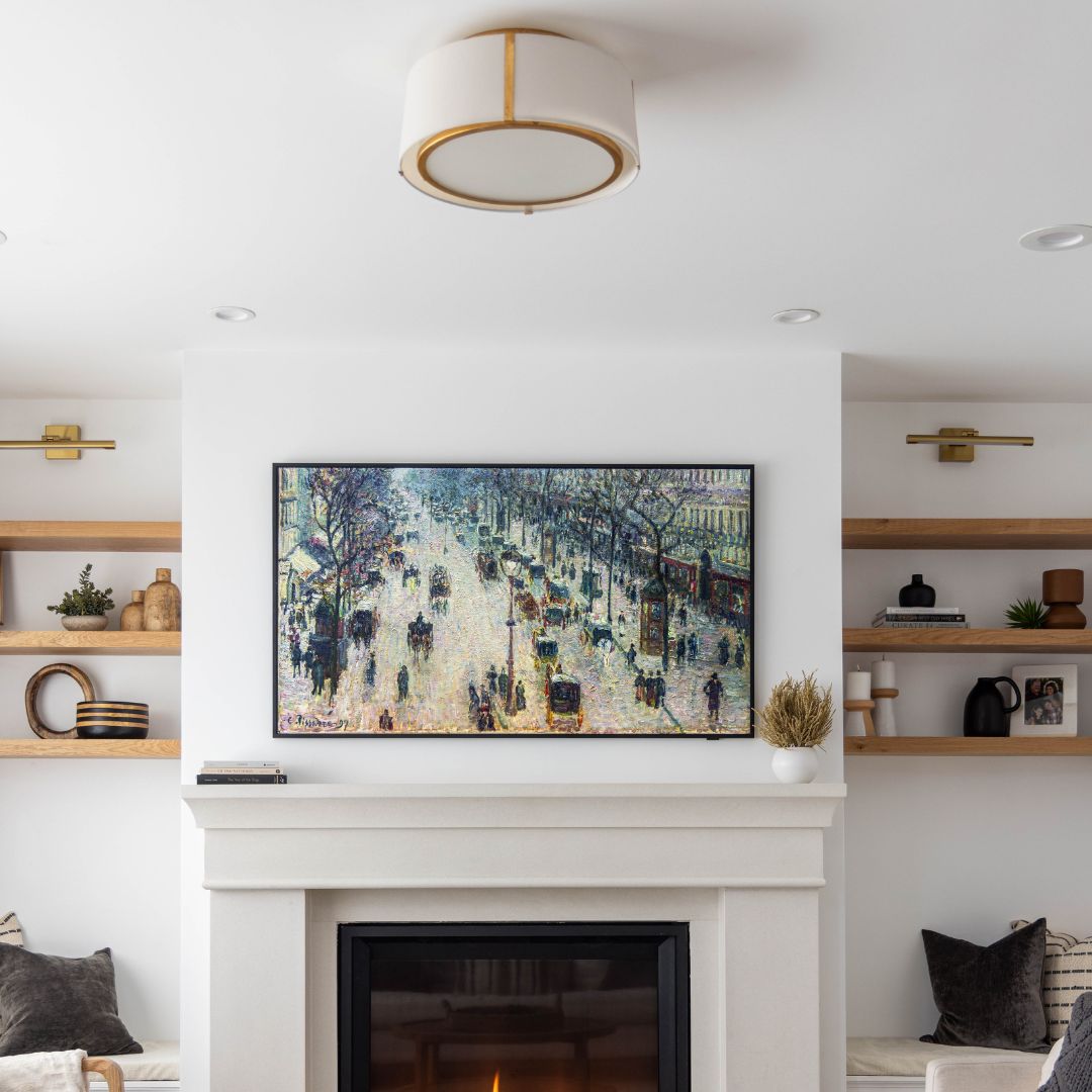 Fulton Semi Flush Mount positioned centrally in a sitting room featuring a fireplace and white walls.