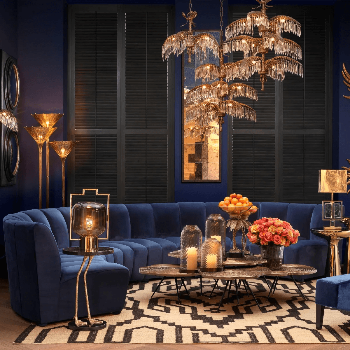 Lando Sectional styled in a color-drenched sitting room, centered around a coffee table adorned with vases and decorative accents.