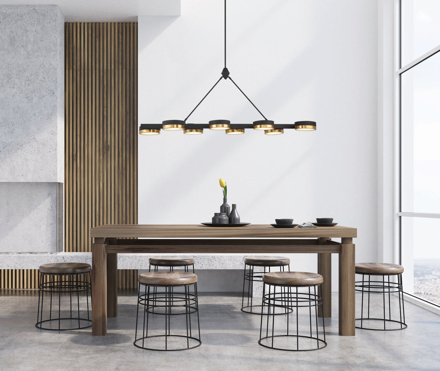 Ashor 8-Light LED Linear Chandelier in Matte Black with Warm Brass Accents