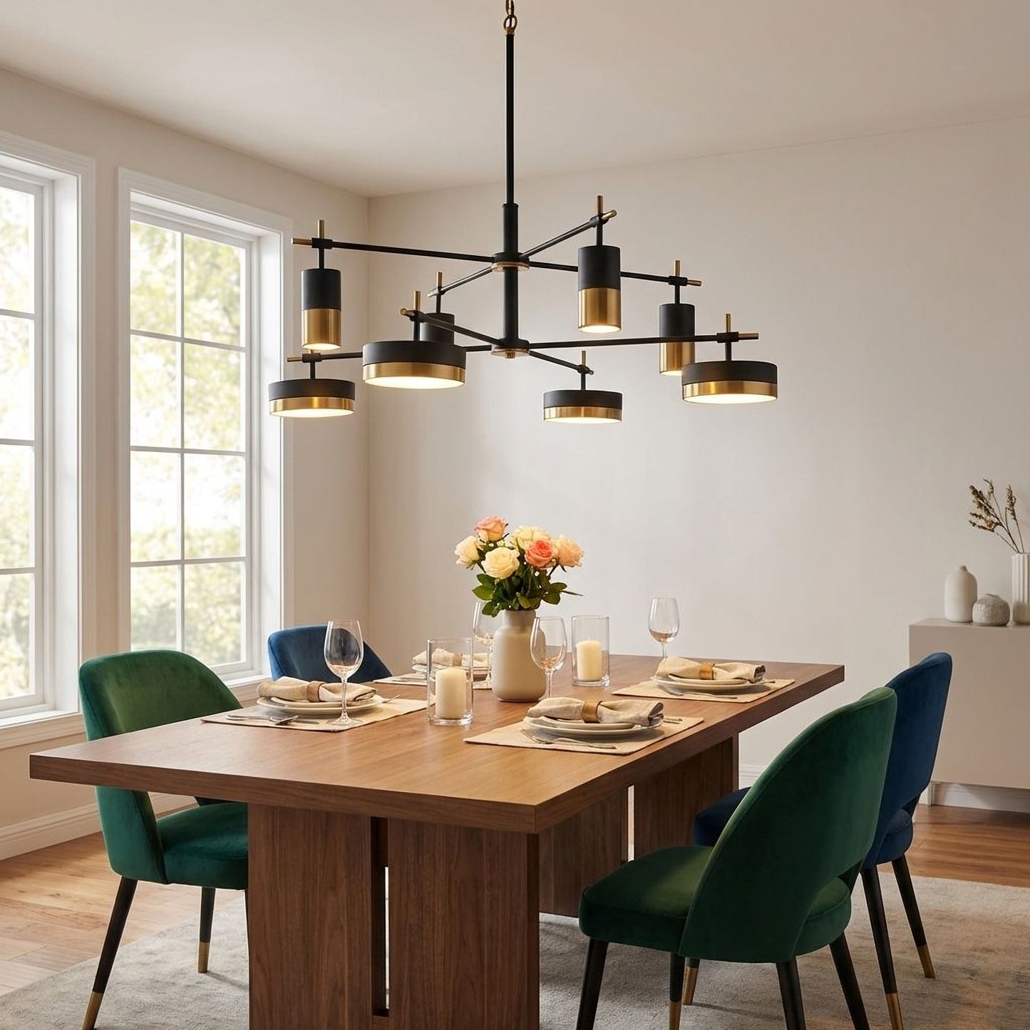 Ashor 8-Light LED Chandelier in Matte Black with Warm Brass Accents
