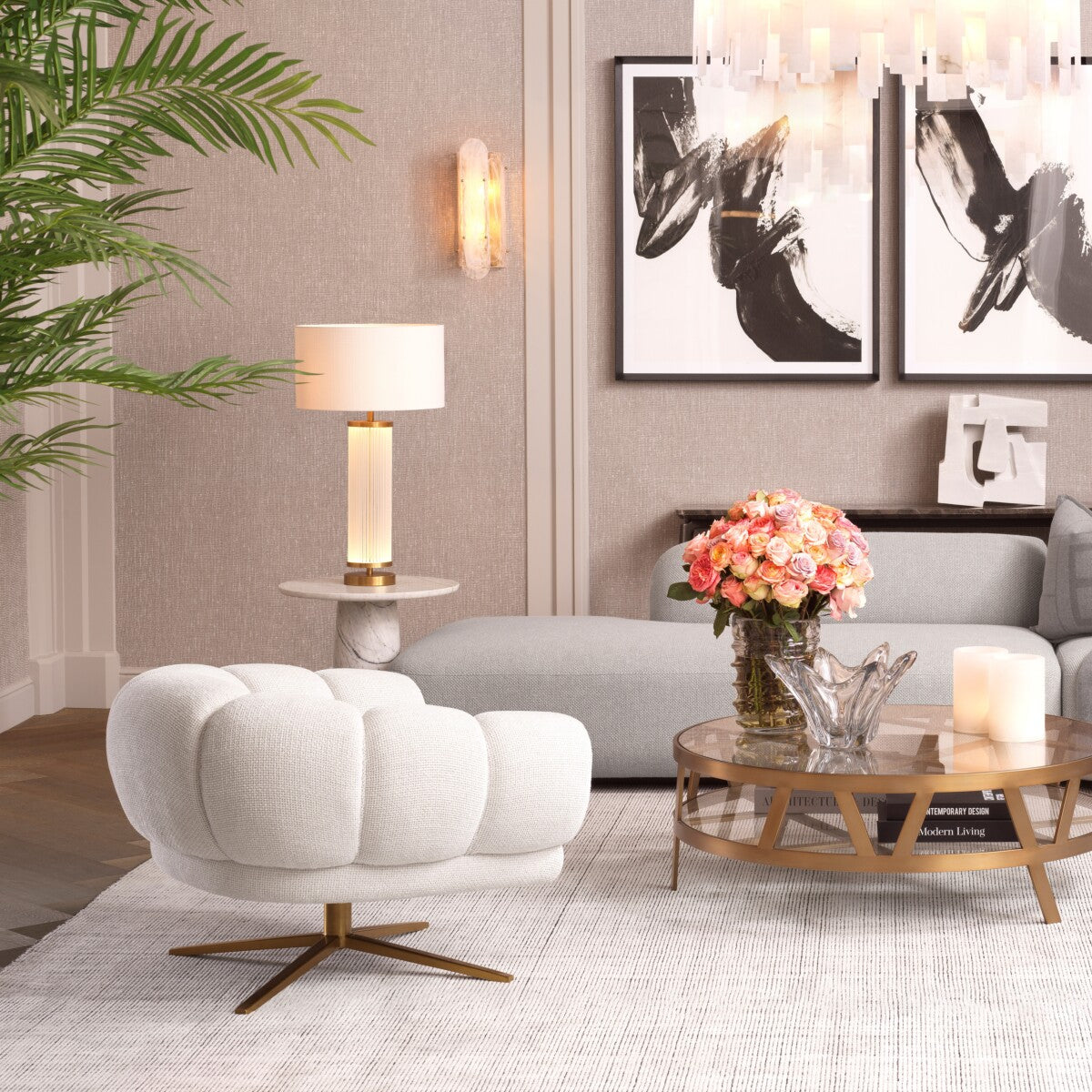 Eichholtz Sunset Swivel Chair, Lyssa Off-white, Brushed Brass Base (A117939)
