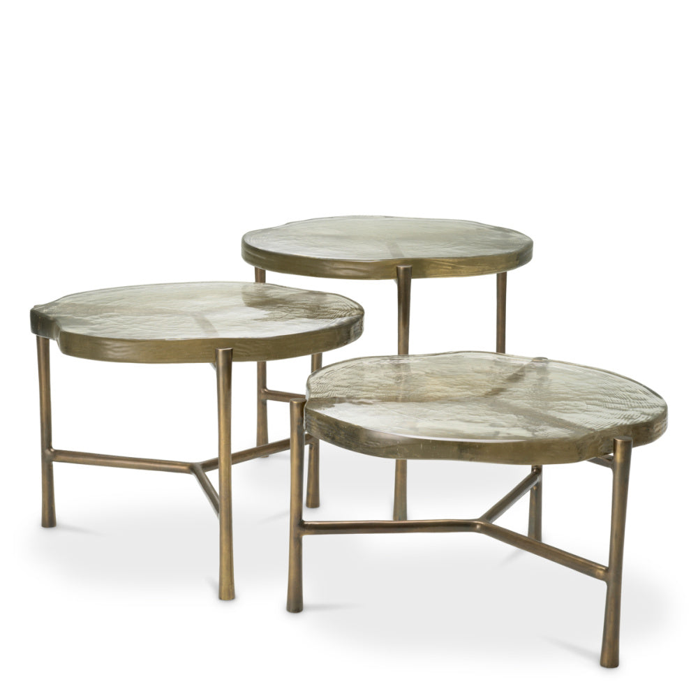 Eichholtz Baldovini Coffee Table, Vintage Brass, Handmade Glass (118321)