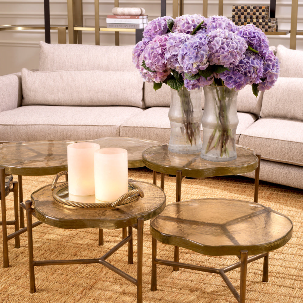 Eichholtz Baldovini Coffee Table, Vintage Brass, Handmade Glass (118321)