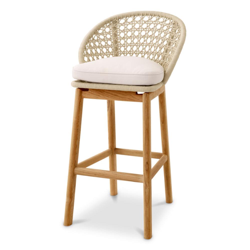 Eichholtz Trinity Outdoor Bar Stool, Flores Off-white, Natural Teak, Cream Rope (118368)