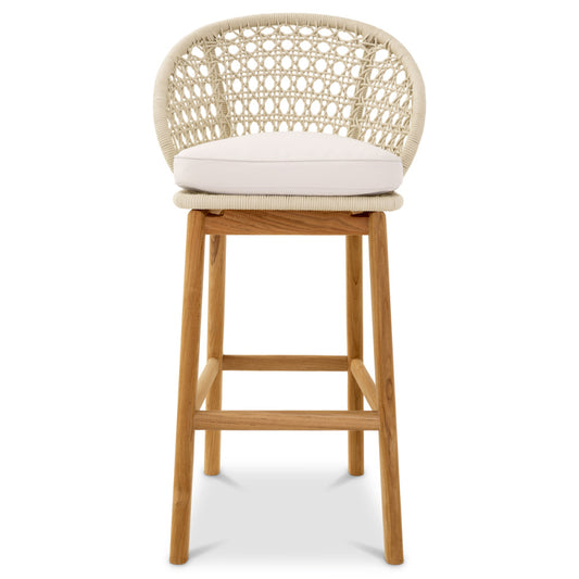Eichholtz Trinity Outdoor Bar Stool, Flores Off-white, Natural Teak, Cream Rope (118368)