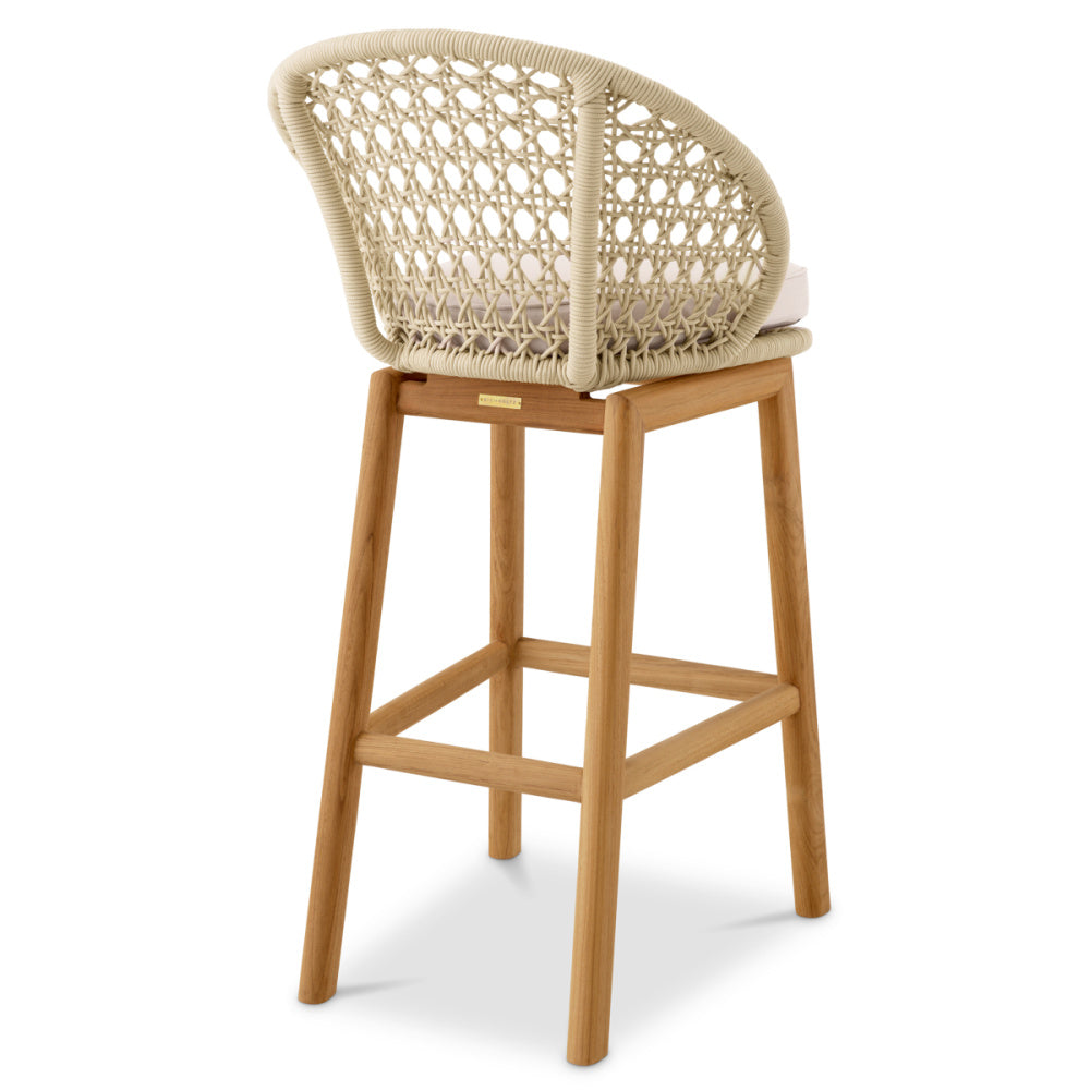 Eichholtz Trinity Outdoor Bar Stool, Flores Off-white, Natural Teak, Cream Rope (118368)