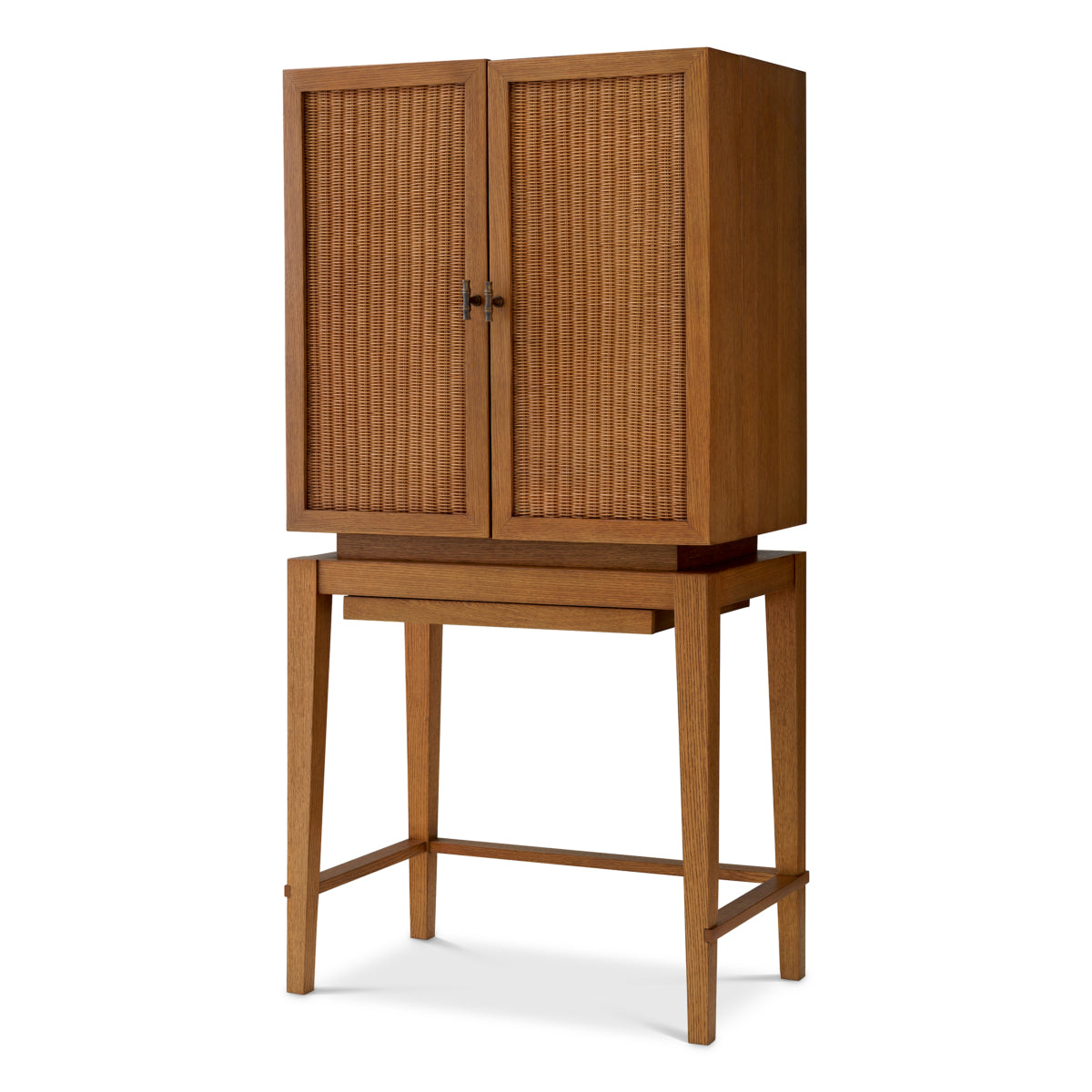 Eichholtz Borchard Bar Cabinet, Caramel Oak Veneer, Woven Rattan, Bronze (118633)