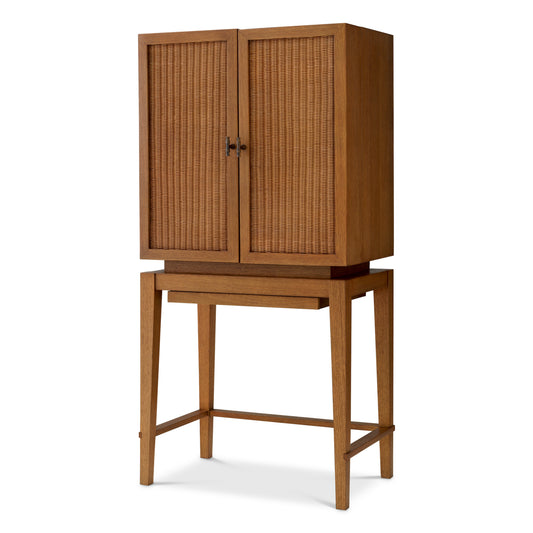 Eichholtz Borchard Bar Cabinet, Caramel Oak Veneer, Woven Rattan, Bronze (118633)