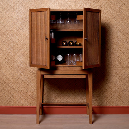 Eichholtz Borchard Bar Cabinet, Caramel Oak Veneer, Woven Rattan, Bronze (118633)