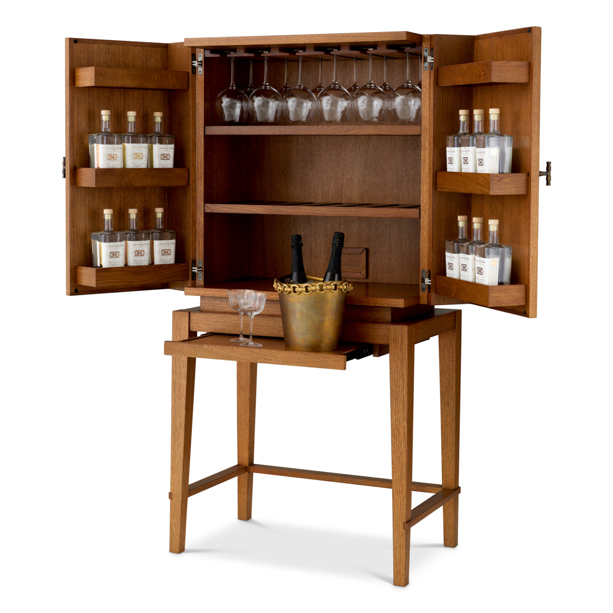 Eichholtz Borchard Bar Cabinet, Caramel Oak Veneer, Woven Rattan, Bronze (118633)