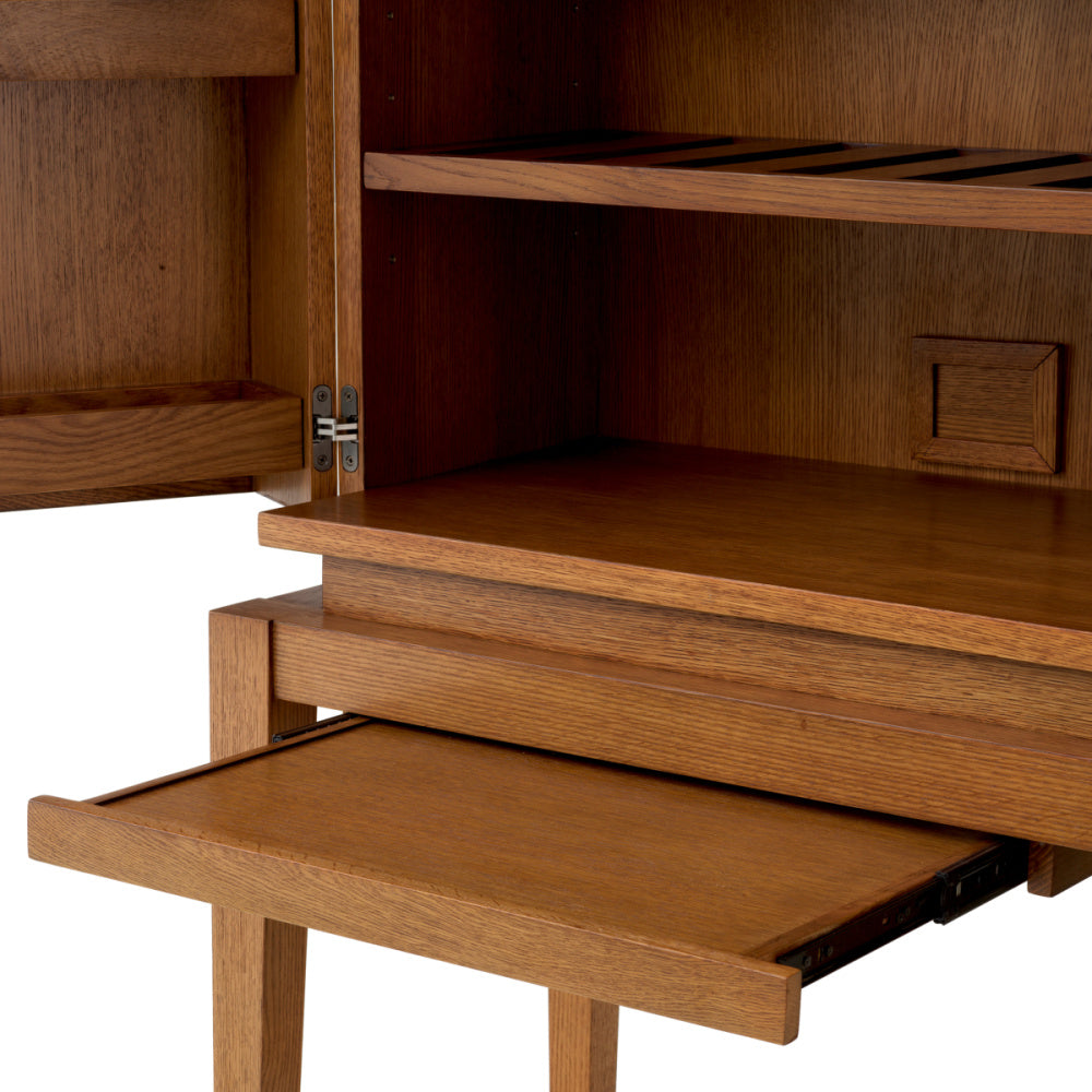 Eichholtz Borchard Bar Cabinet, Caramel Oak Veneer, Woven Rattan, Bronze (118633)