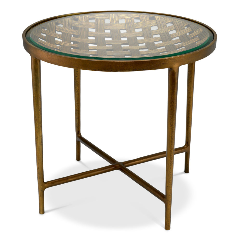 Eichholtz Sorrento Side Table, Antique Brass, Clear Glass Top (118700)
