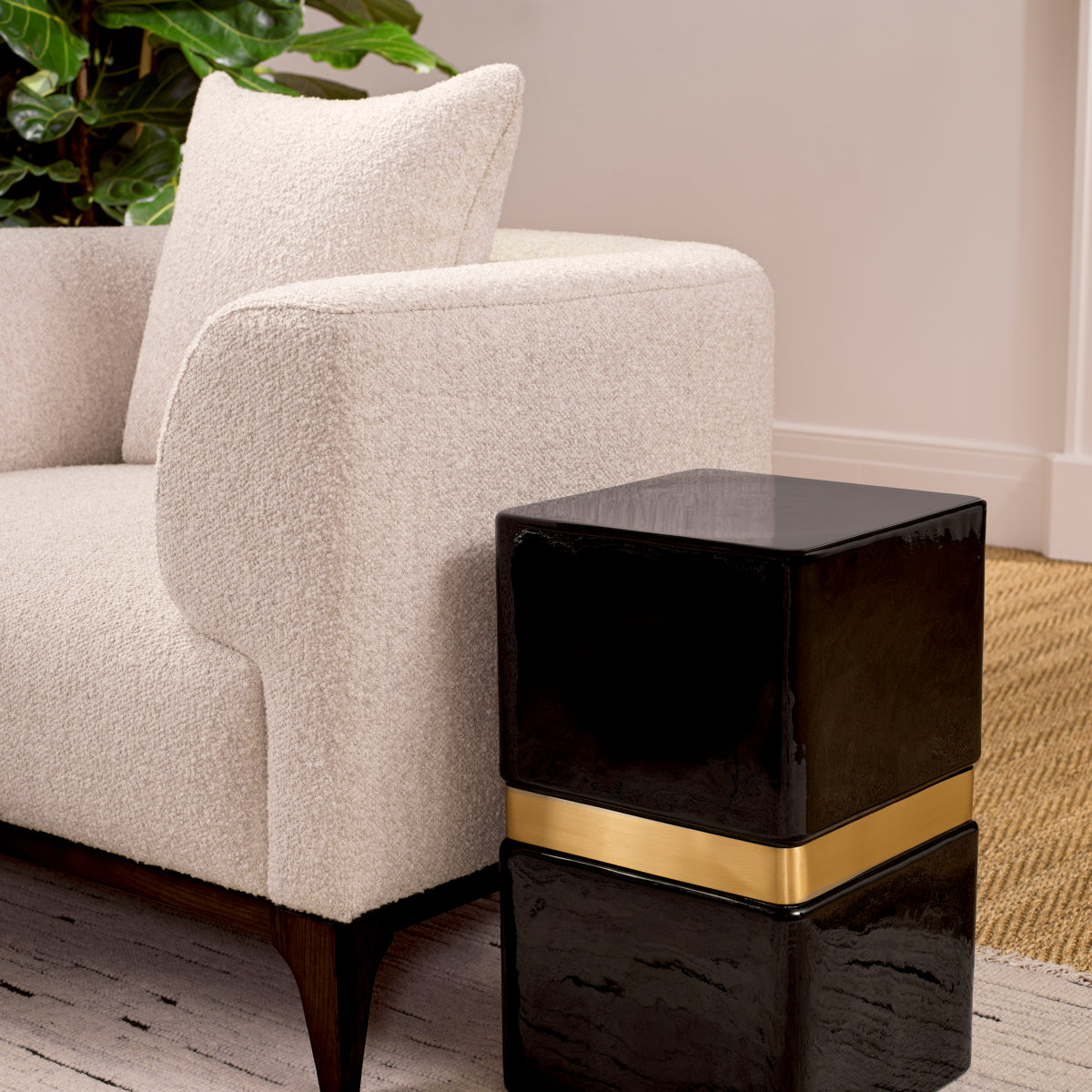Eichholtz Brannan Chair, Bouclé Chalk White, Brown Wooden Base (A118862)