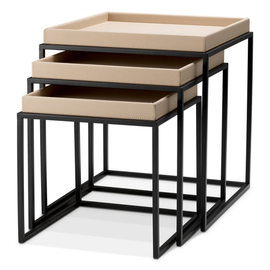 Eichholtz Léonard Side Table, Matte Black, Light Brown Faux Leather (118920)