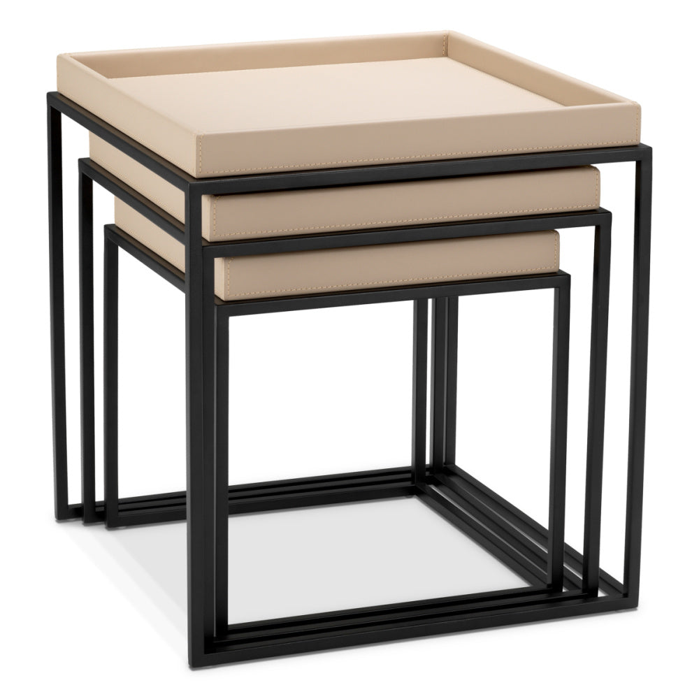 Eichholtz Léonard Side Table, Matte Black, Light Brown Faux Leather (118920)