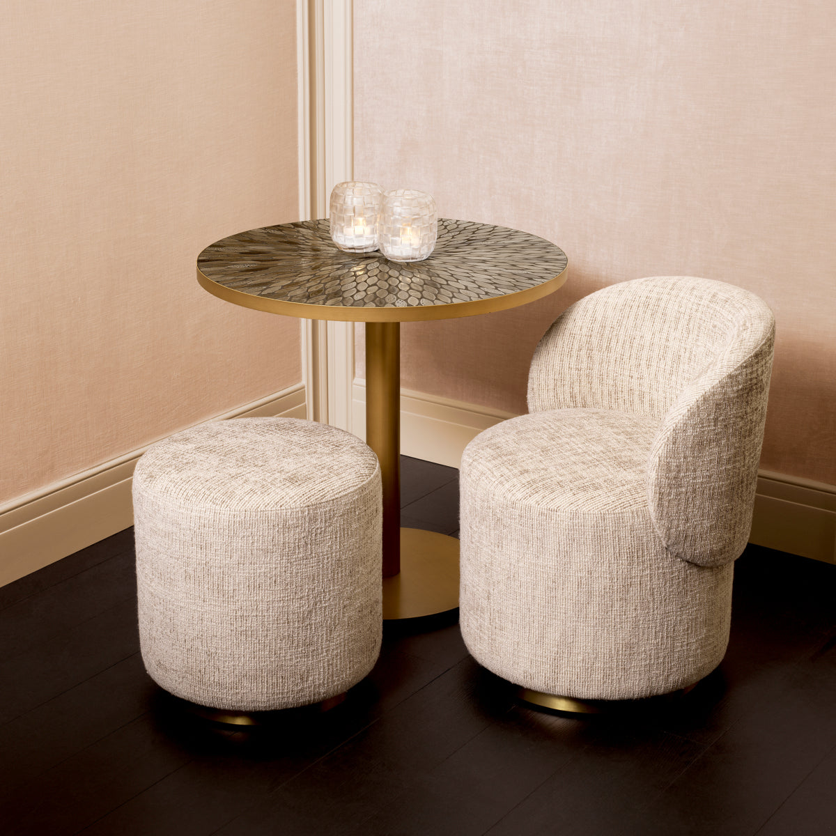 Eichholtz Greer Dining Stool, Creststone Beige, Brushed Brass Swivel Base (A119016)