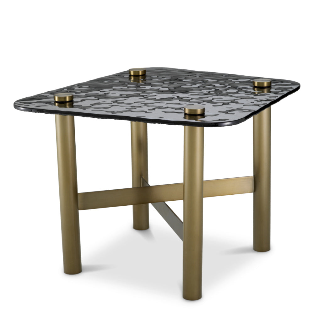 Eichholtz Cortes Side Table, Textured Smoke Glass, Brushed Brass (119022)