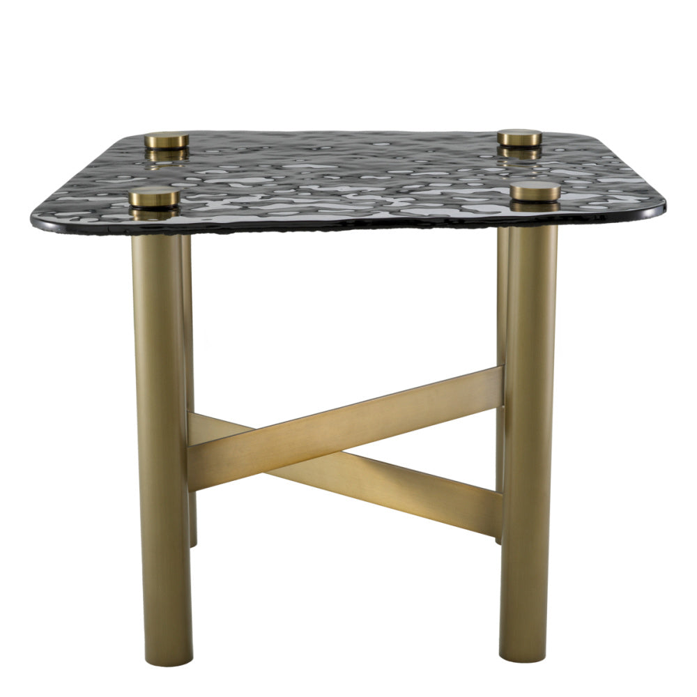 Eichholtz Cortes Side Table, Textured Smoke Glass, Brushed Brass (119022)