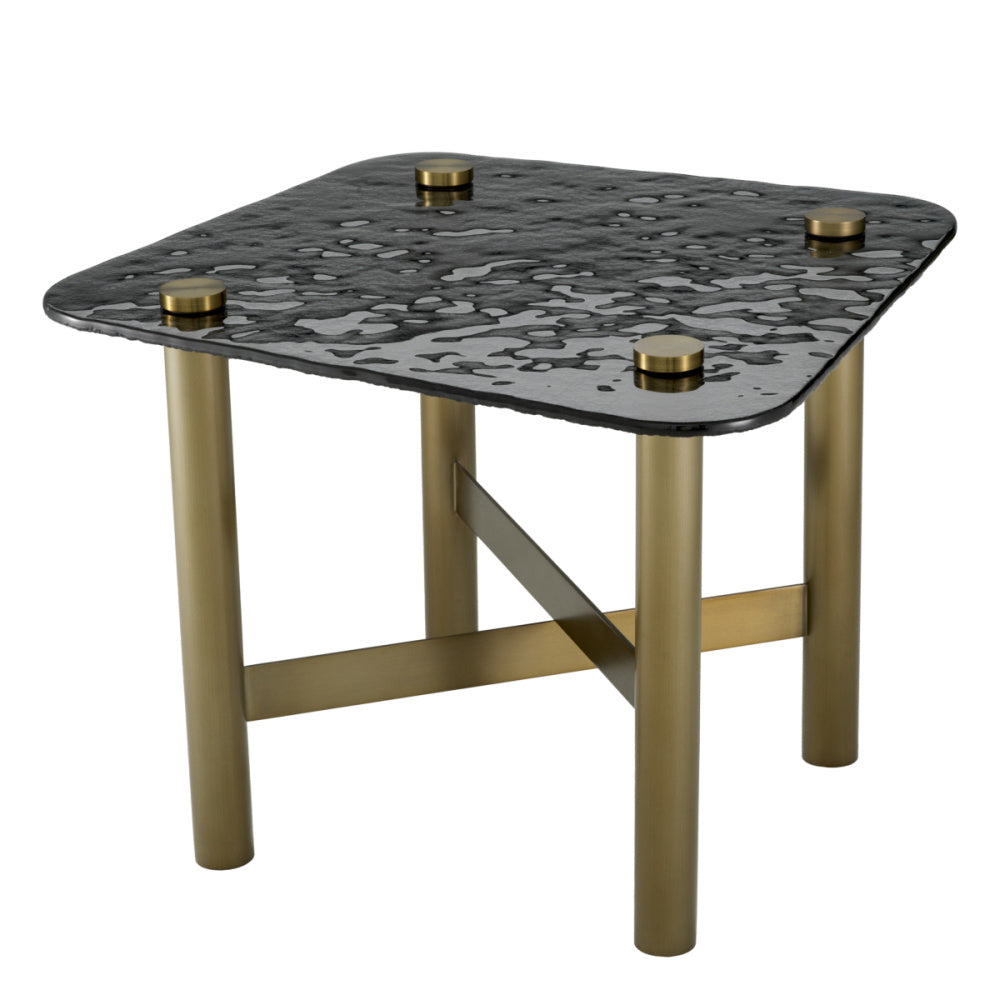 Eichholtz Cortes Side Table, Textured Smoke Glass, Brushed Brass (119022)