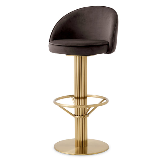 Eichholtz Dorland Bar Stool, Roche Dark Grey Velvet, Brushed Brass, Swivel Base (A119170)