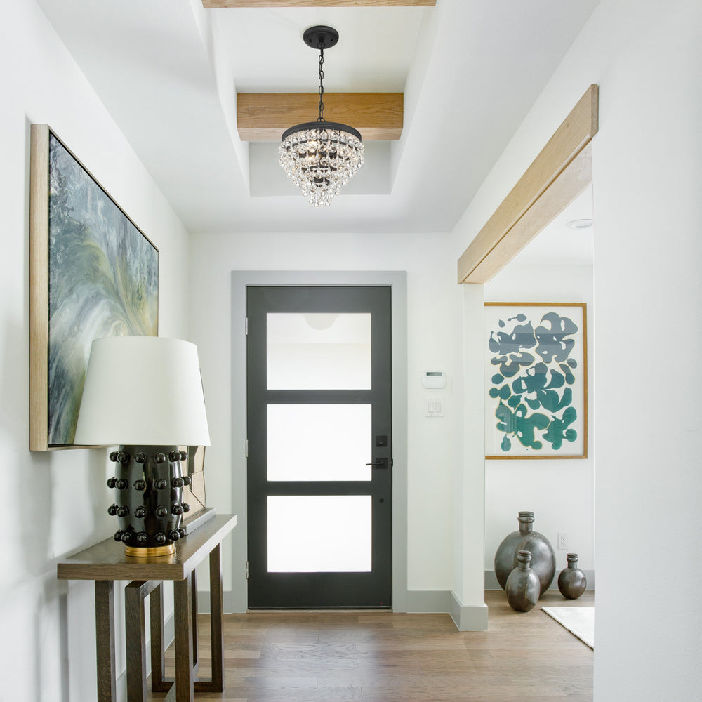 Modern hallway with wooden floors, white walls, and decorative elements.