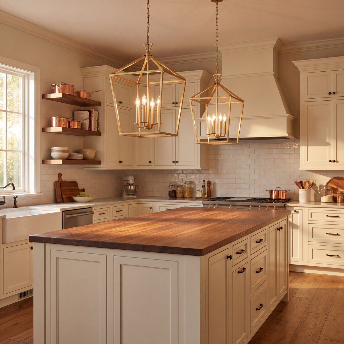 A farmhouse style kitchen featuring two gold lantern pendant lights hanging over a wooden island, with cream cabinetry, a white subway tile backsplash, and copper cookware on open shelves.