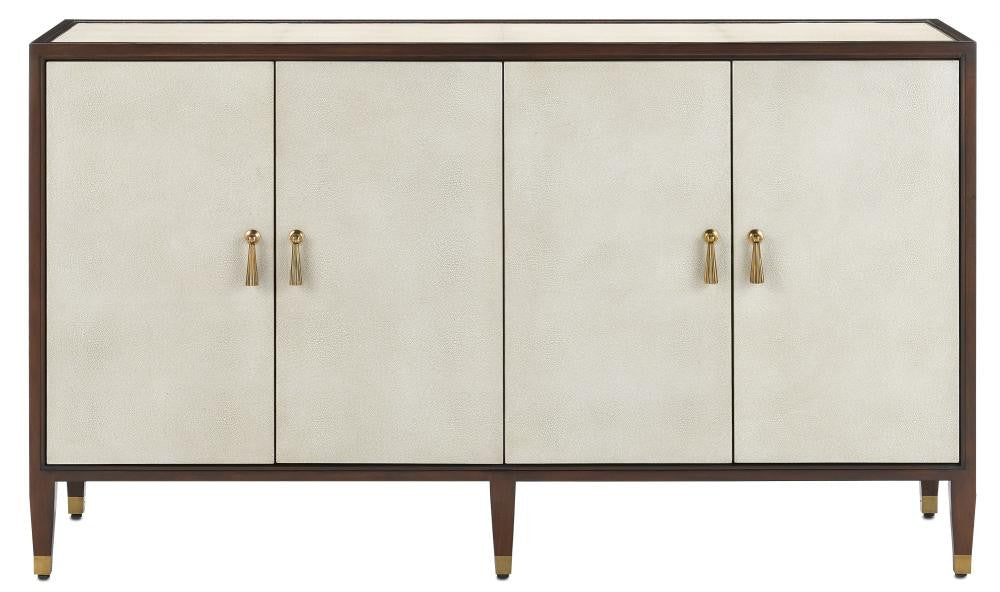 Currey and Company Evie Shagreen Credenza Ivory, Dark Walnut, Brass