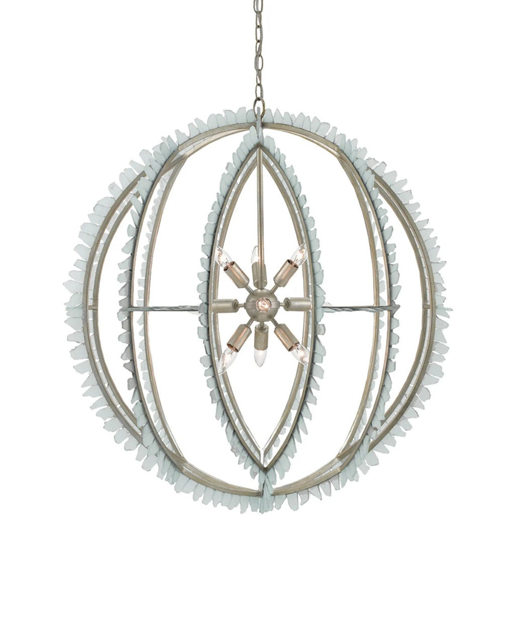 Currey and Company Saltwater Silver Orb Chandelier Seaglass, Contemporary Silver Leaf