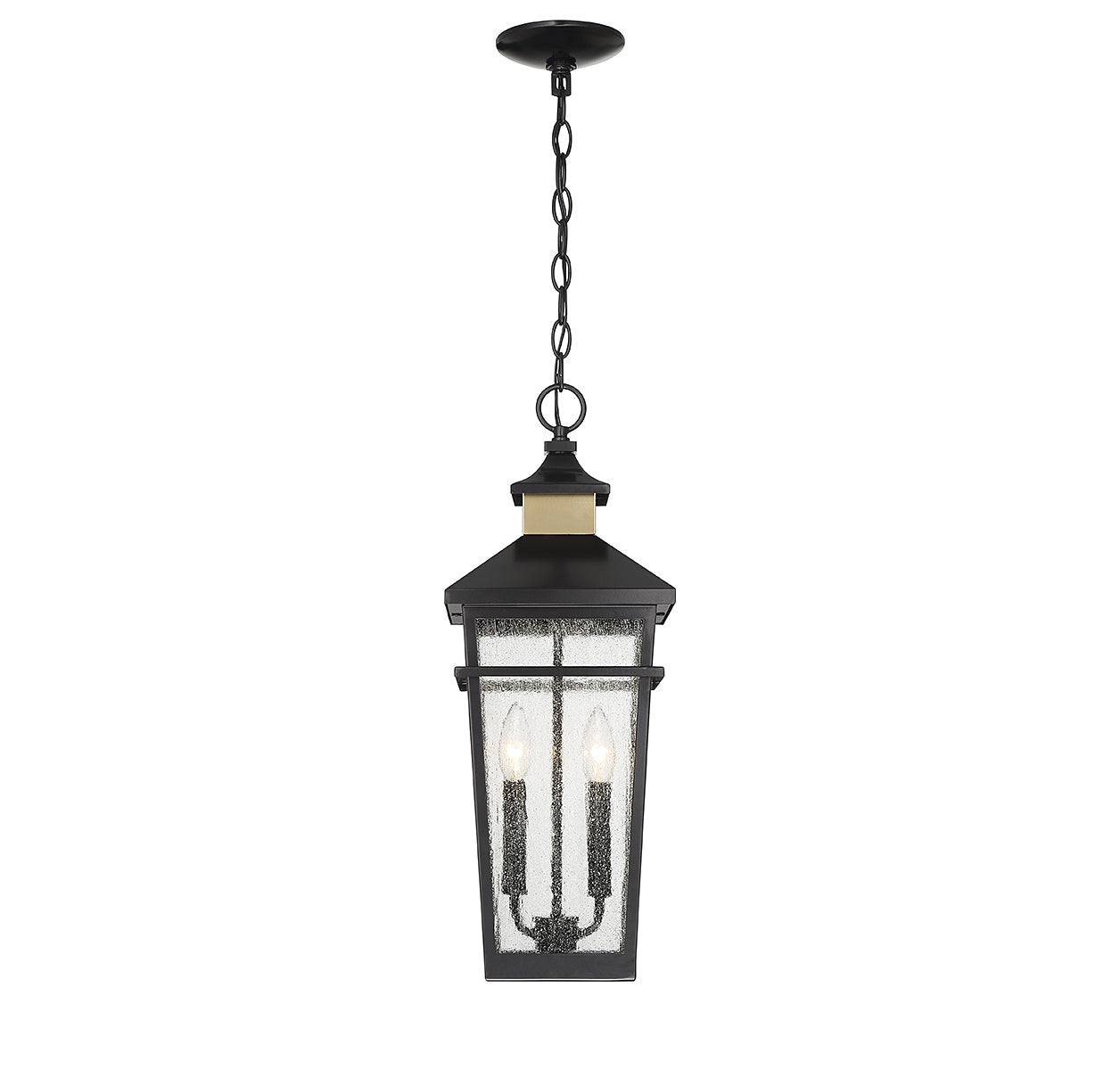Kingsley 2-Light Outdoor Hanging Lantern in Matte Black with Warm Brass Accents