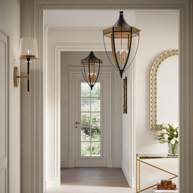 Elegant interior hallway with decorative lighting and decor