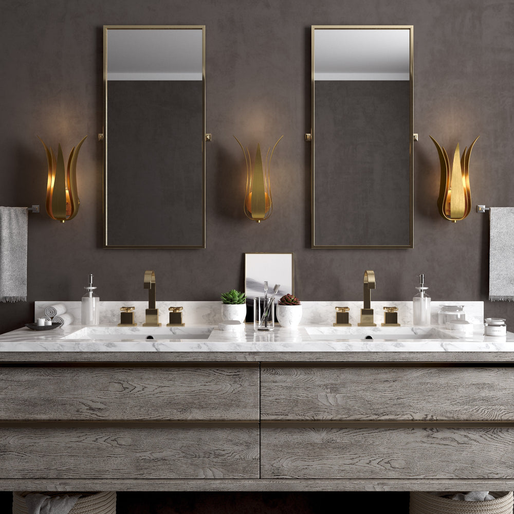 Bathroom vanity with double sink, mirrors, and decorative elements.