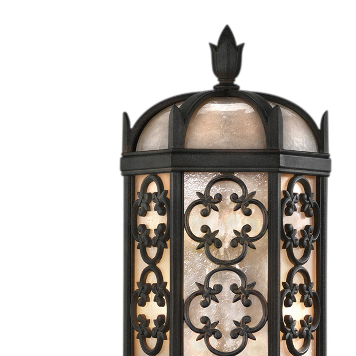 Costa del Sol Outdoor Post Mount, 3-Light, Marbella Wrought Iron, Iridescent Textured Glass, 29"H