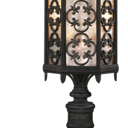 Costa del Sol Outdoor Post Mount, 3-Light, Marbella Wrought Iron, Iridescent Textured Glass, 29"H