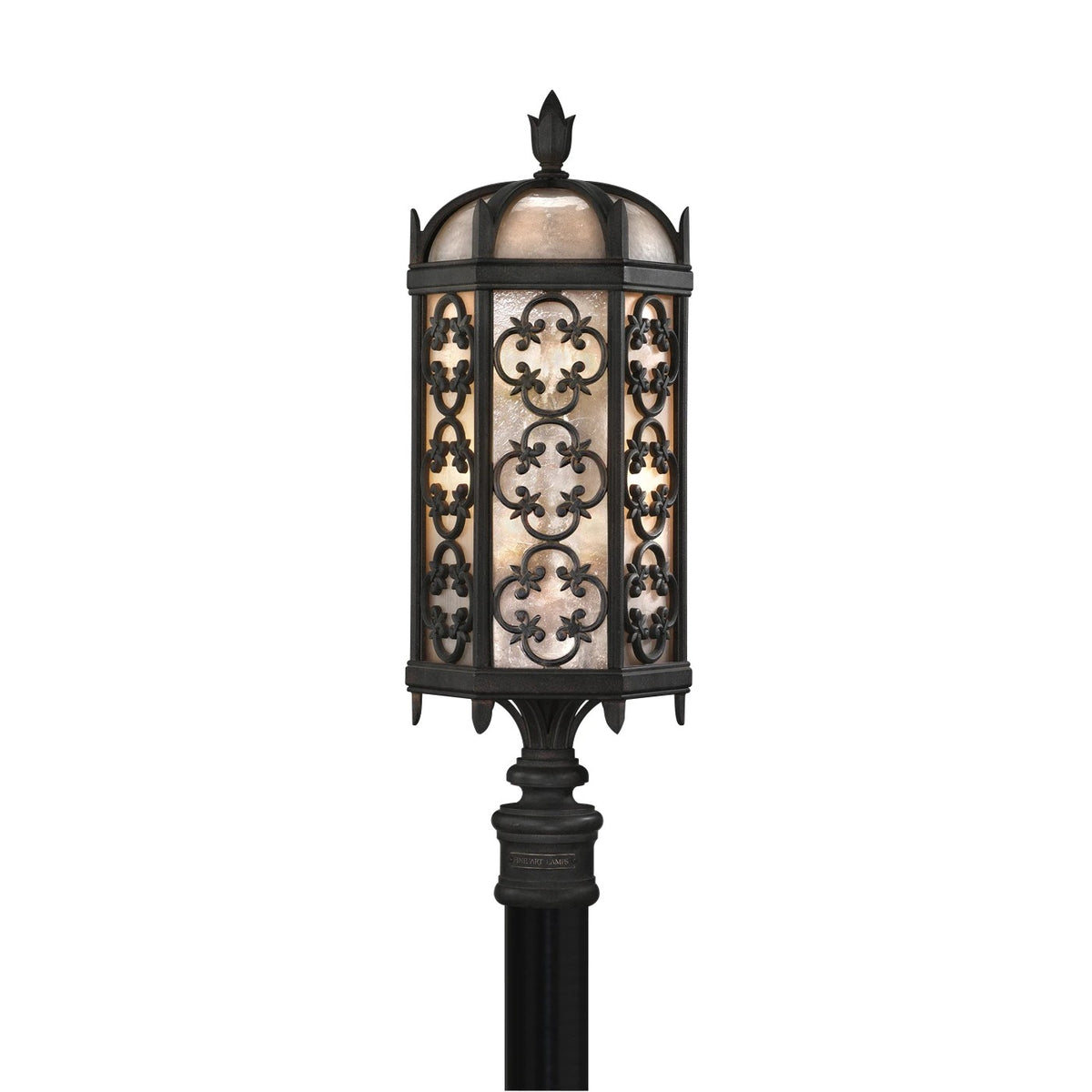 Costa del Sol Outdoor Post Mount, 3-Light, Marbella Wrought Iron, Iridescent Textured Glass, 29"H