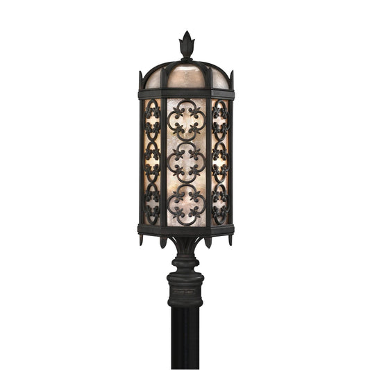 Costa del Sol Outdoor Post Mount, 3-Light, Marbella Wrought Iron, Iridescent Textured Glass, 29"H