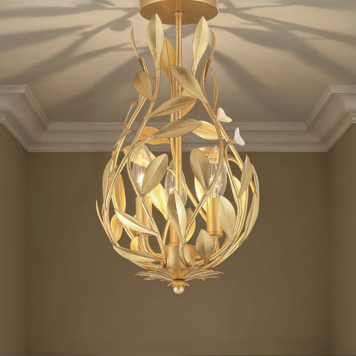 Crystorama Broche 9" 3-Light Mini Chandelier Antique Gold Semi Flush Mount - lifestyle