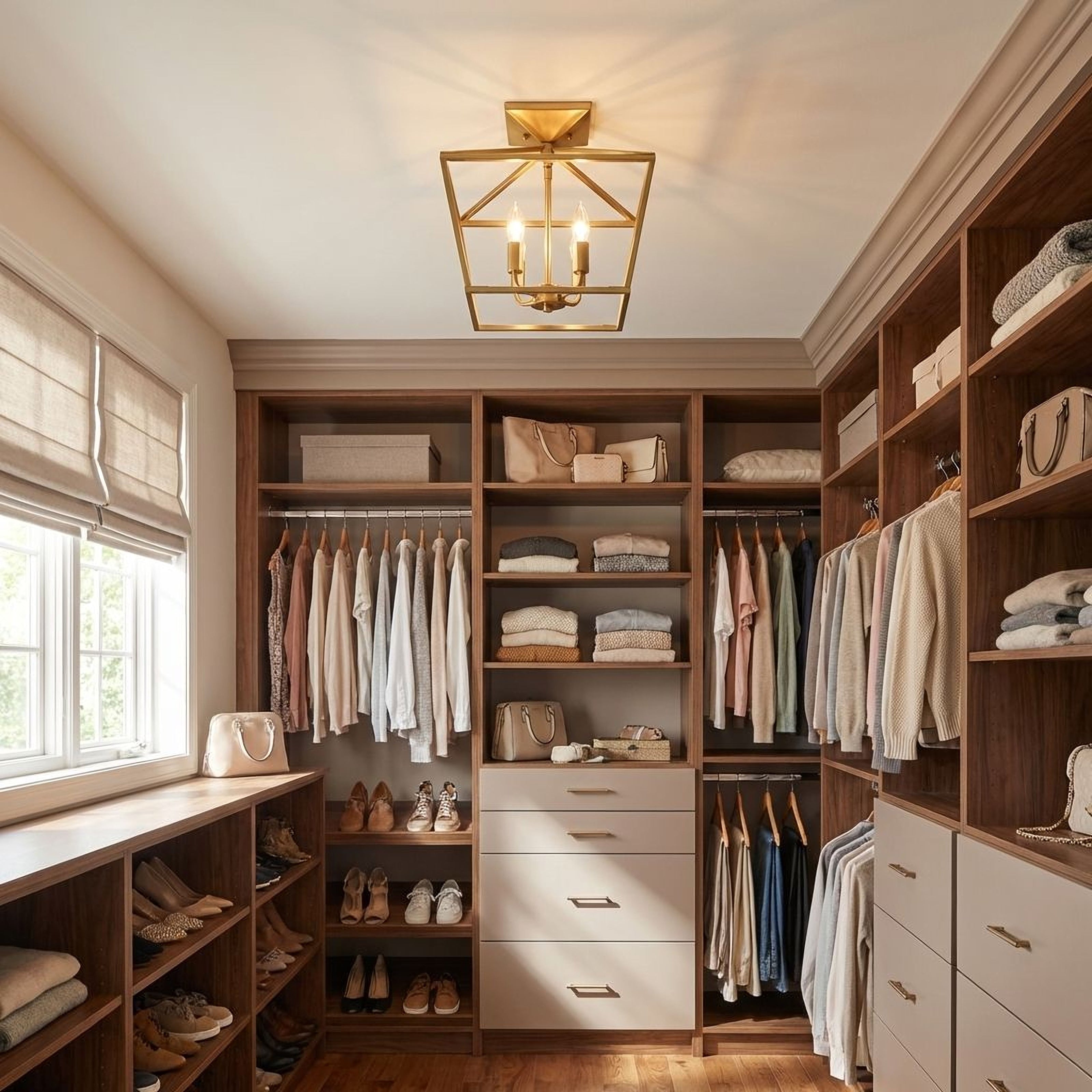 A well-organized walk-in closet with built-in wooden shelving and drawers, filled with folded and hanging clothing, shoes, and accessories. A gold-framed ceiling light hangs above, and the room is softly lit with natural light from a window on the left.