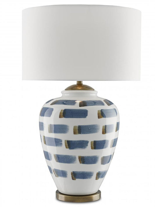 Currey and Company Brushstroke Blue & White Table Lamp White, Blue, Antique Brass
