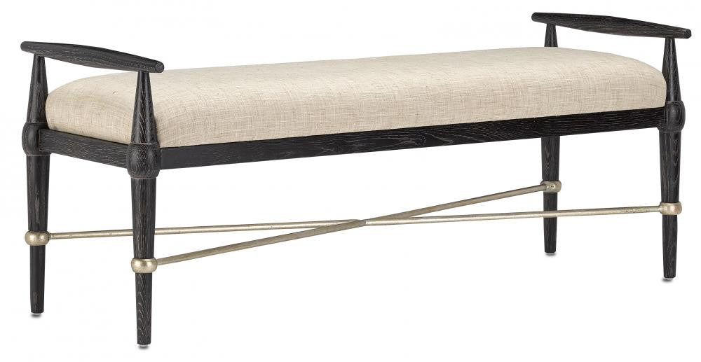 Currey and Company Perrin Black Bench, Finn Natural Ebonized Wood, Silver Granello