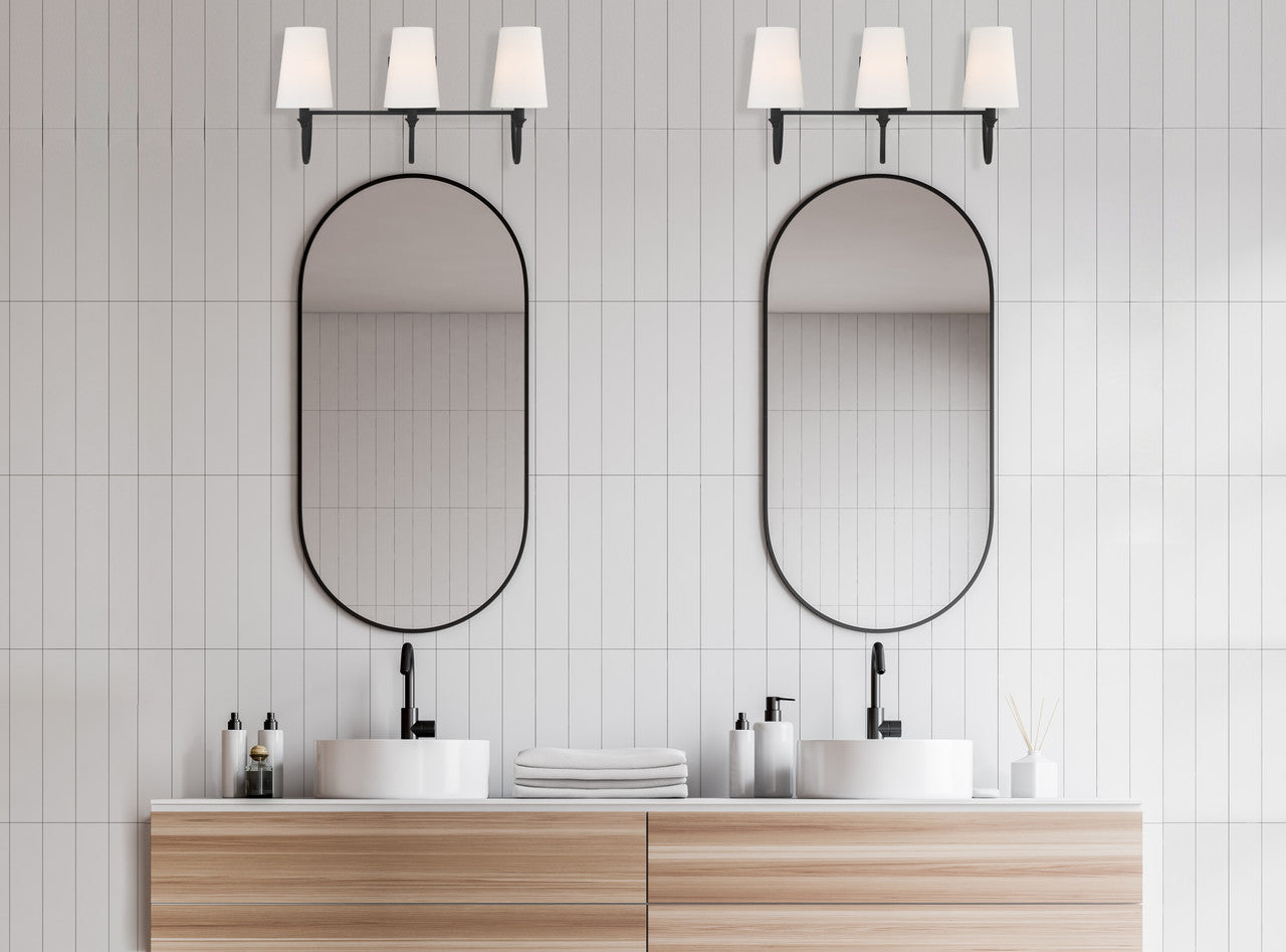 Cameron Bath Vanity Light, 3-Light, Matte Black, White Fabric Shade, 24"W Savoy House (8-2542-3-89 1R0LJ)