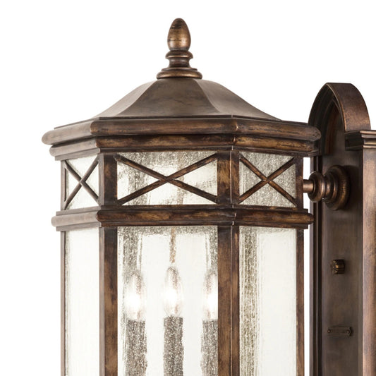 Holland Park Outdoor Wall Mount, Hand-Cast Seedy Glass, 3-Light, Antique Bronze, 34"H