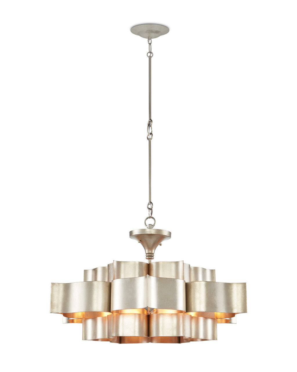 Currey and Company Grand Lotus Large Silver Chandelier Contemporary Silver Leaf
