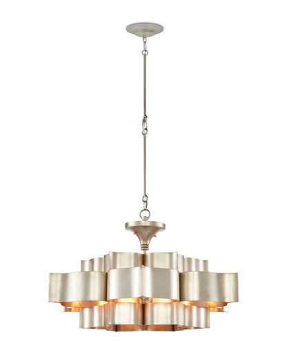 Currey and Company Grand Lotus Large Silver Chandelier Contemporary Silver Leaf