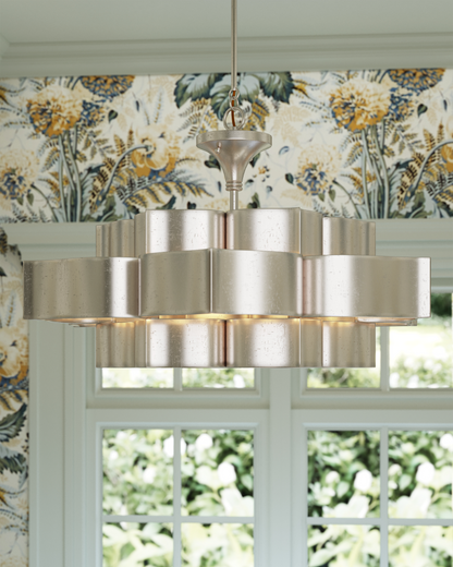 Grand Lotus Large Chandelier, 4-Light, Contemporary Silver Leaf, 30"W, Currey and Company (9000-0051 KHVQ)