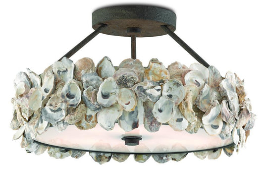 Currey and Company Oyster Shell Semi-Flush Mount Natural, Textured Bronze, White