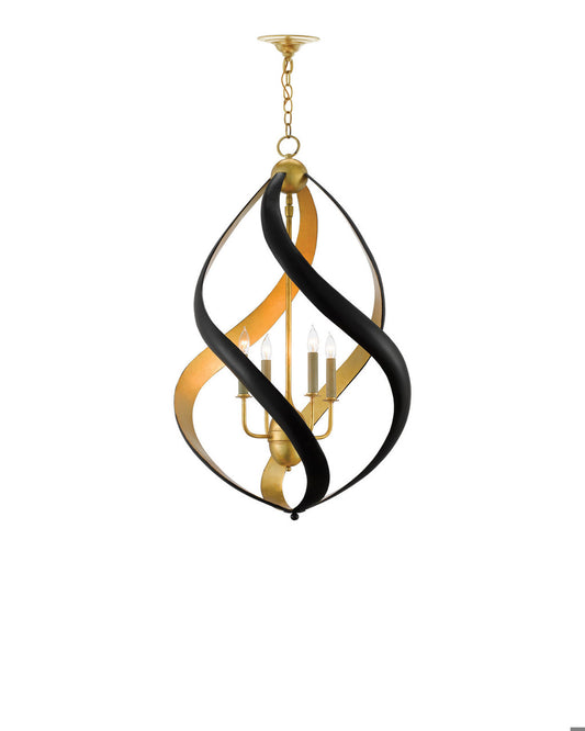 Currey and Company Trephine Black & Gold Chandelier Contemporary Gold Leaf, Satin Black